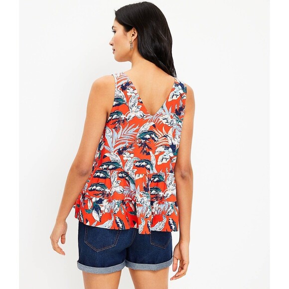 Loft Blouse Womens Small Red Navy Blue Floral Tiered Sleeveless Double V Neck - Picture 9 of 15